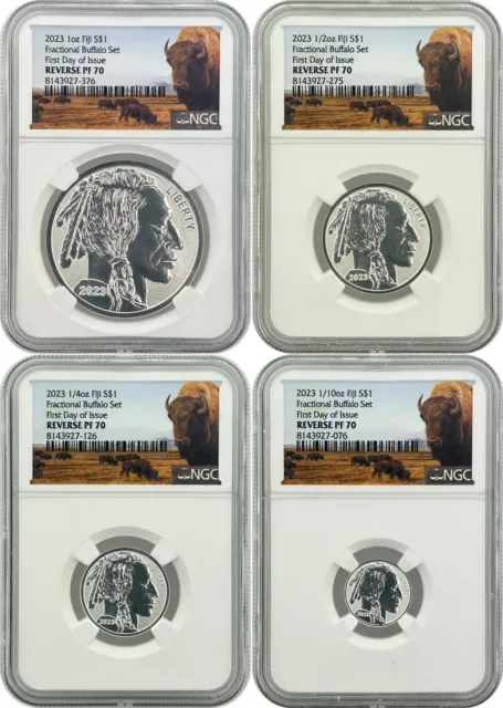 2023 $1 Fiji Silver Reverse Proof Buffalo 4 Coin Set NGC PF70 First Day of Issue
