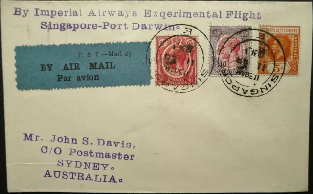 Malaya 11 Apr 1931 Kgv Singapore To Australia Imperial Experimental Flight Cover