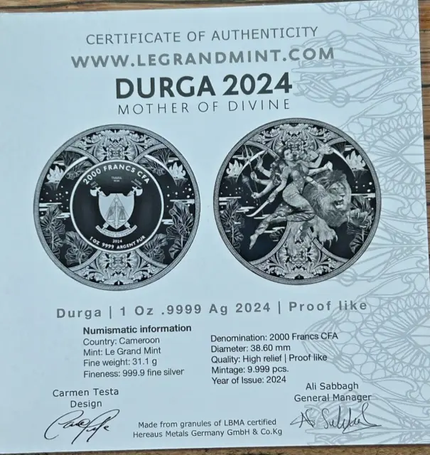 1 Oz Argent Proof-Like High Relief  - Cameroun Durga II - 2024 - 9.999 ex. - COA 2