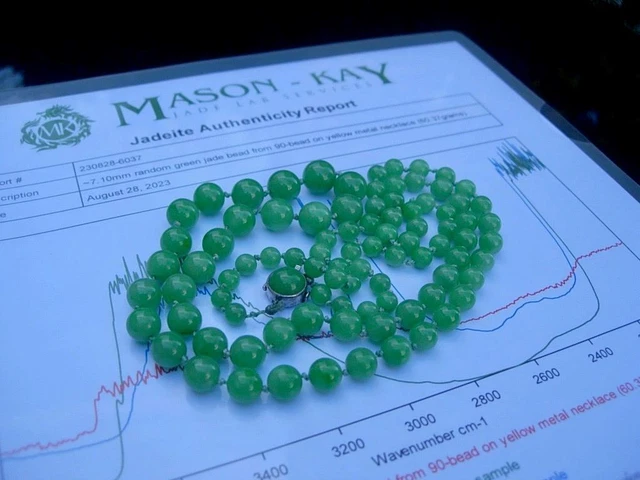 Beautiful Chinese Natural Jadeite Jade Bead Necklace With Mason-Kay Report 32" L