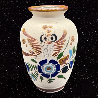Vintage Mexican Tonala Talavera Vase Owl Blue Flower Signed RS Mexico 6