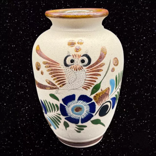 Vintage Mexican Tonala Talavera Vase Owl Blue Flower Signed RS Mexico 6”T 2.5”W