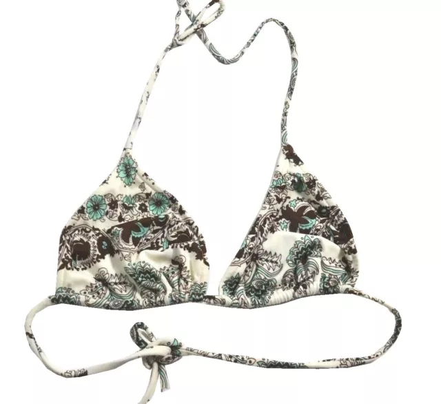 De La Mer PAW TRIANGLE White Mint Brown Floral Swimsuit Junior's Bikini Top