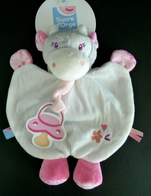 *. DOUDOU PLAT SUCRE D'ORGE VACHE rose blanc gris violet fleur att. têtine  NEUF
