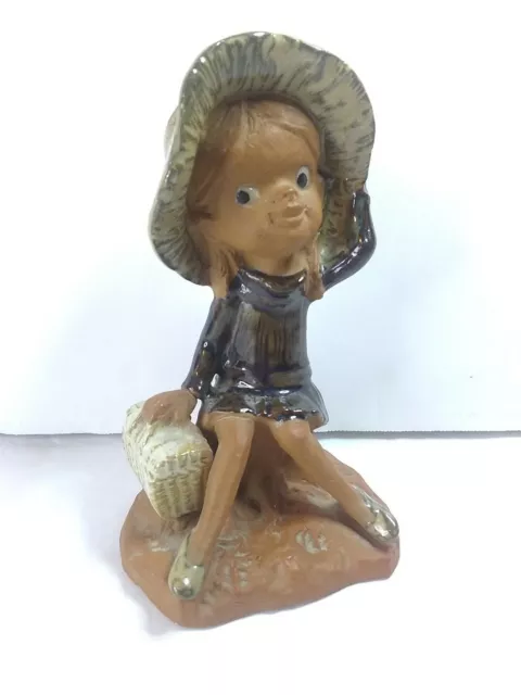 Rare Vintage Redware Clay Pottery Girl Figurine, hand painted, made in Japan. 5"