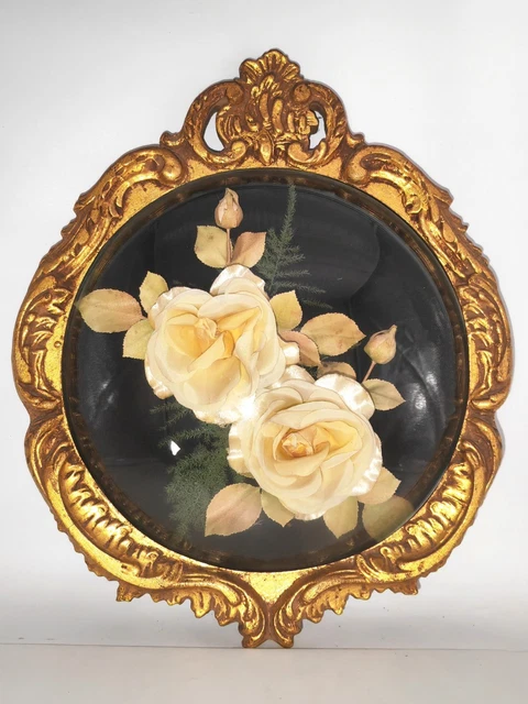 Ancien Cadre Sous Verre – Bouquet De Roses En Tissu – Décoration Fleurie Vintage