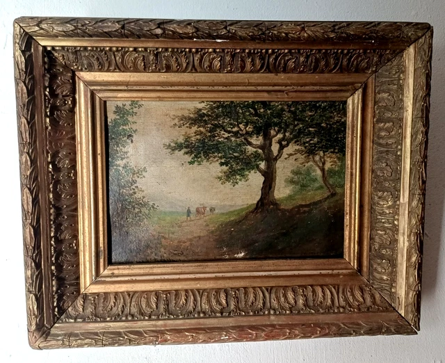 Tableau Huile Sur Toile Signé Ginet? - Paysage Vintage 55x46 Cm