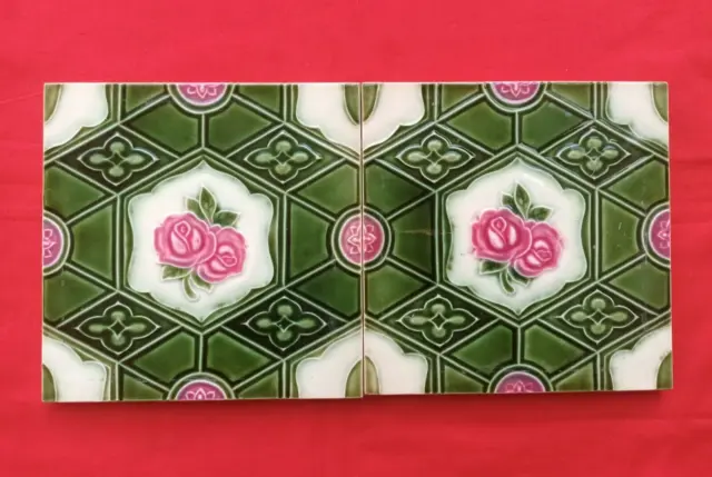 2 Piece Old Art Flower Design Embossed Majolica Ceramic Tiles Japan 0270 2