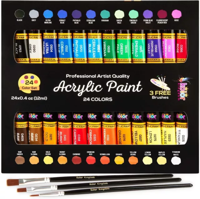 24-Color Acrylic Paint Set: Complete Canvas Kit with 3 Brushes for Artistic