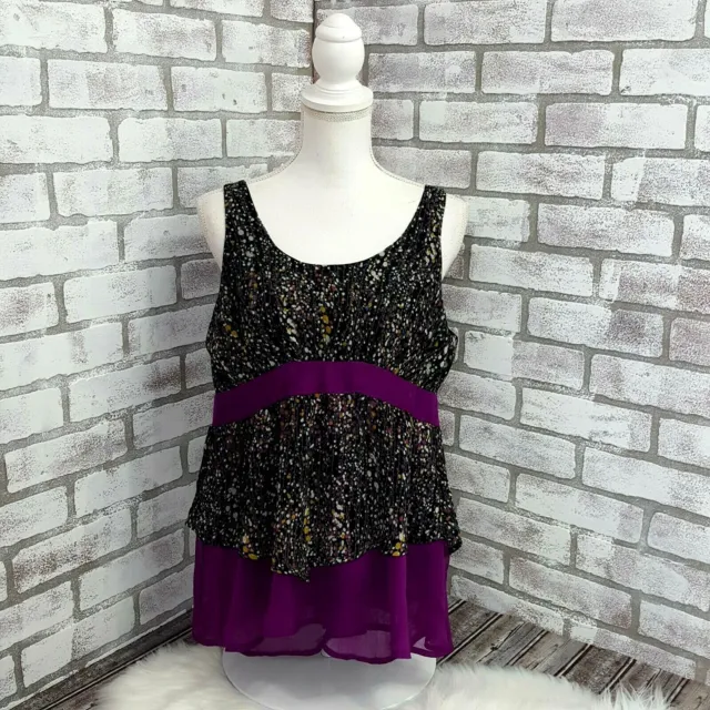 Lucca Couture Top Womens Small Blouse Sheer Sleeveless Tiered Tank Black Purple