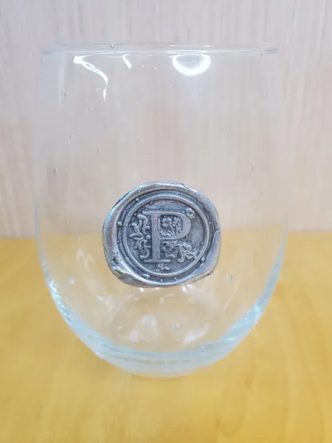 Handblown Stemless Wine Glass Pewter Monogram "P" Southern Jubilee