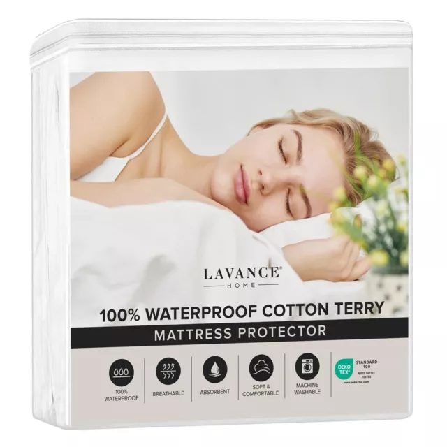 Mattress Protector 100% Waterproof Soft Breathable Fitted Cotton Terry Mattre...