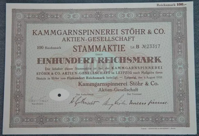 Kammgarnspinnerei Stöhr & Co. Aktien-Gesellschaft 1932  100 RM