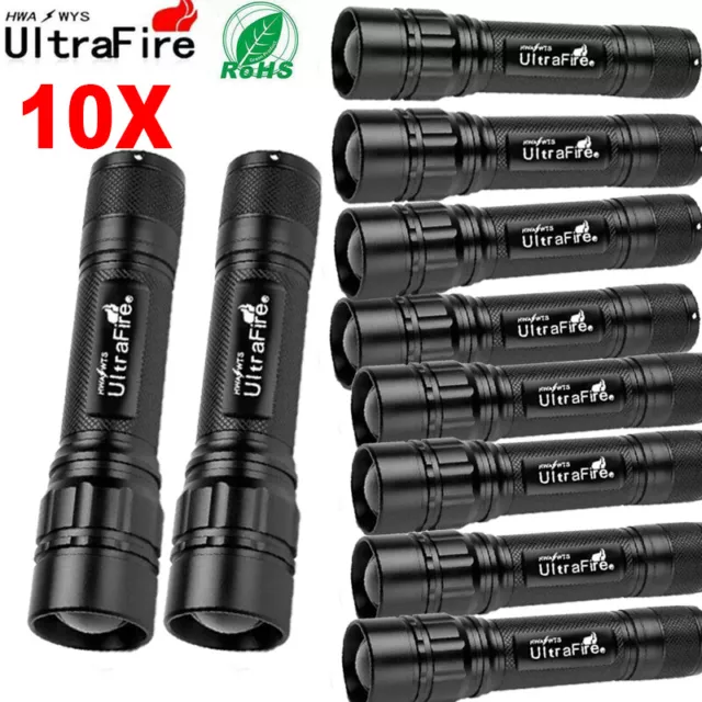 10pcs Ultrafire Tactical Zoomable Flashlight Rechargeable T6 LED 50000LM Torch