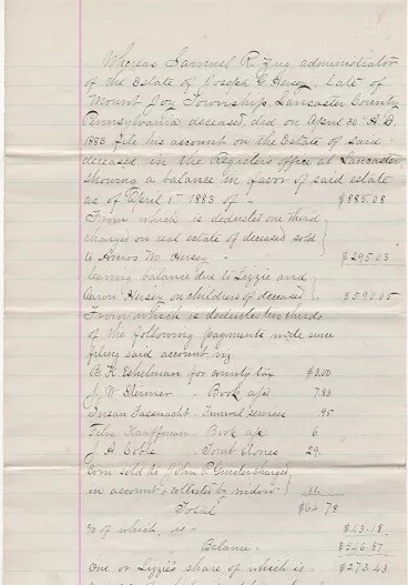 Lancaster County / Heisey / 1885 HANDWRITTEN RELEASE TO LIZZIE HEISEY 1st ed