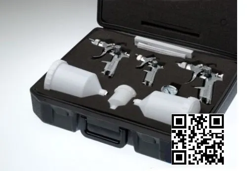 3 Lackierpistolen Set Spritzpistole HVLP plus Druckminderer im Kunststoff Koffer