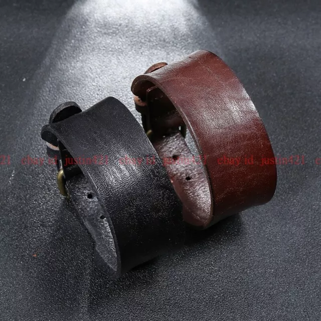 Men's Punk Wide Genuine Leather Belt Wristband Bangle Cuff Bracelet Adjustable