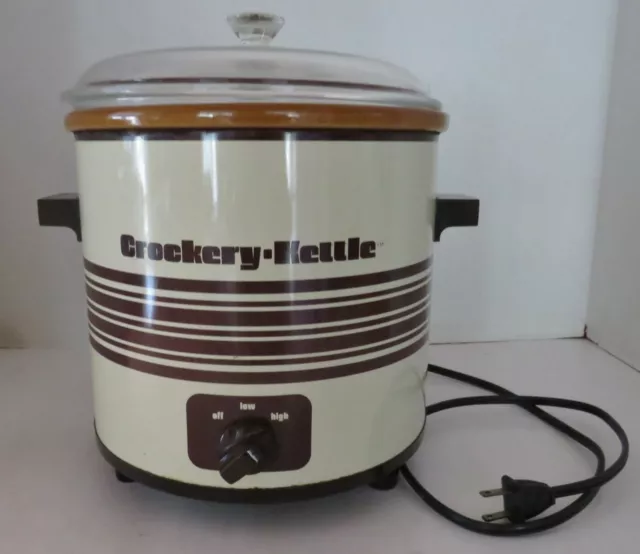 VTG CROCKERY KETTLE Stoneware Crock Pot Slow Cooker Tan Brown Stripe WORKS 3.5qt