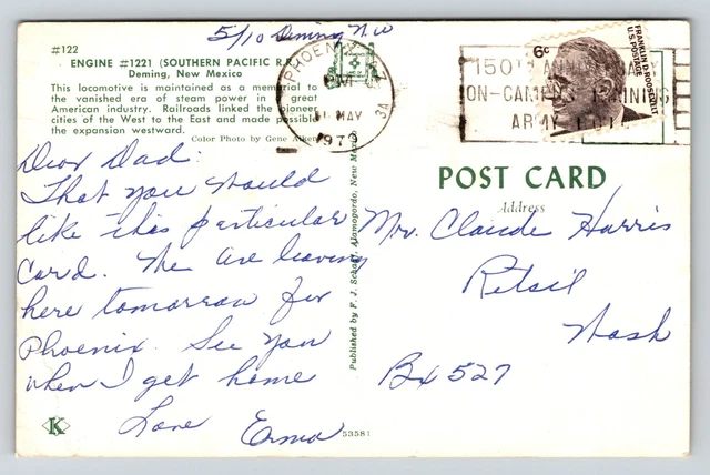 Postcard Train Engine 1221 Southern Pacific RR Steam New Mexico VTG Posted 1970 2