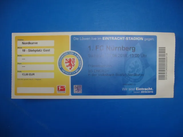 15/16 Ticket Eintracht Braunschweig BTSV 1. FC Nürnberg Eintrittskarte Sammler 