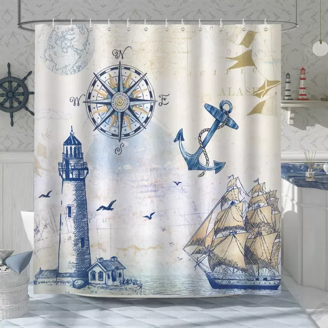 Nautical Sailboat Shower Curtain For Bathroom Lighthouse Compass Anchor