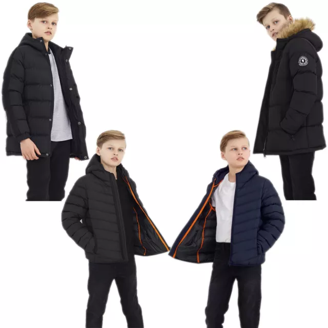 Boys Padded Jacket Puffer Puffa Warm Winter Quilted Bubble Hooded School Coat