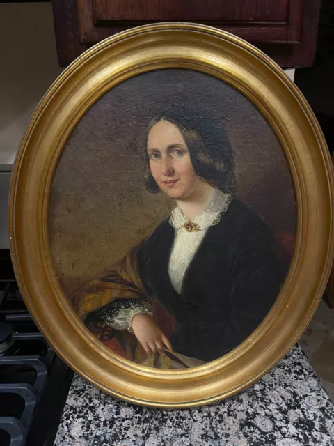 19thC Oval Antique American Portrait Painting Of Woman On Canvas