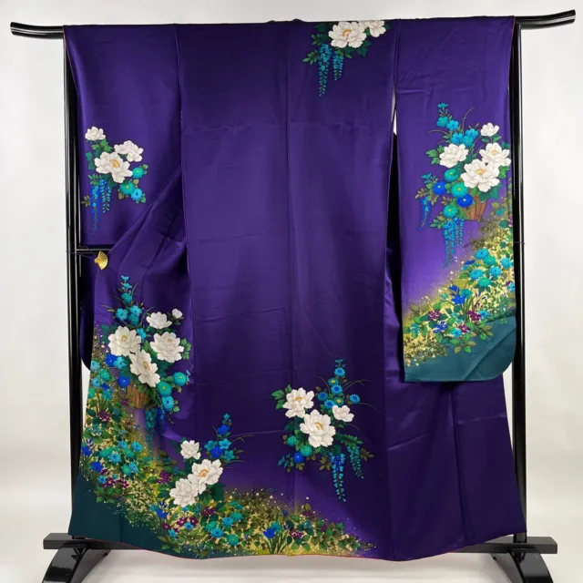 Japanese Silk Kimono Vintage Furisode Gold Gorgeous Purple Flower Basket 62in