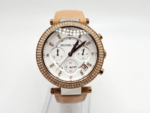 MICHAEL KORS Parker Womens Crystal Chronograph Watch White Rose Gold Tan Leather