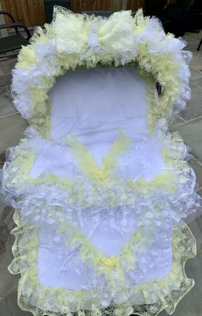 White and Yellow Lace Pram Pushchair Footmuff Cosytoes & Hood Trim Boy Girl