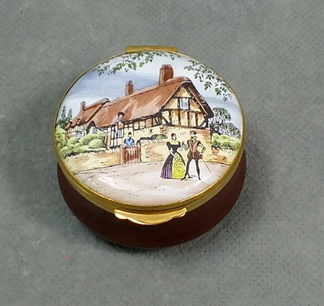 Vintage CRUMMLES Enamel ANNE HATHAWAY'S COTTAGE Trinket Pill Box ENGLAND