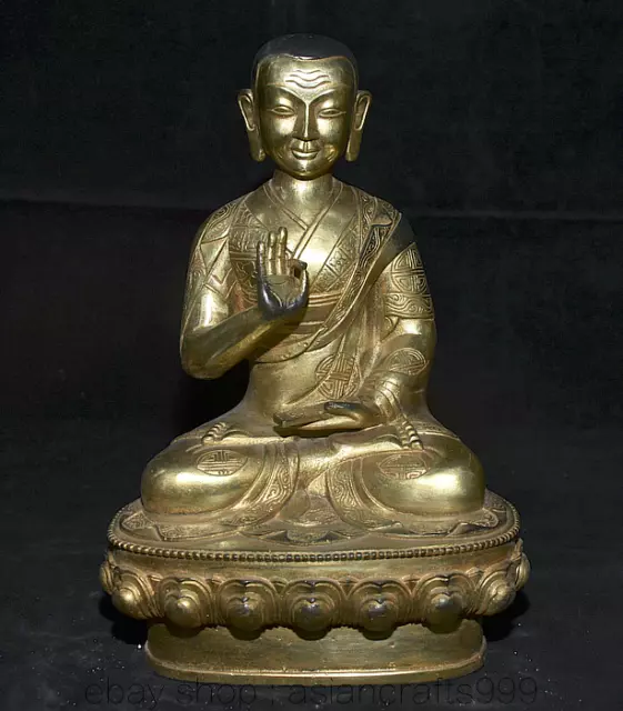 10.4 "Tibet Kupfer vergoldet Buddhismus Guru Lama Meister Buddha Statue Skulptur