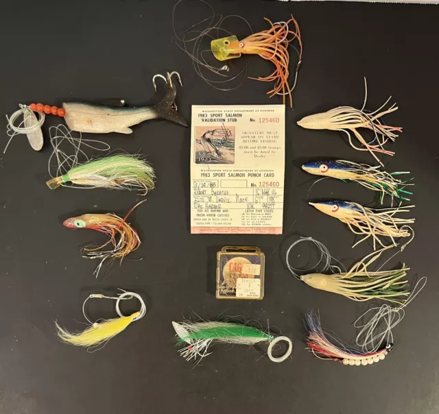 VTG TACKLE BOX Fishing Lures & Accessories Lot (12) w/ Sport Salmon Punch  Card $22.99 - PicClick