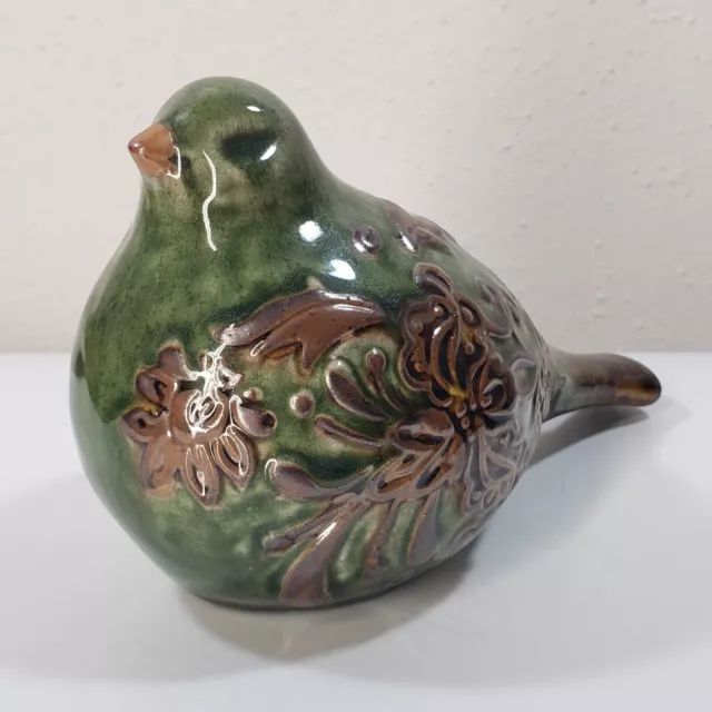 Large Ceramic Glazed Raised Flower Design Rustic Bird Figurine Green Brown