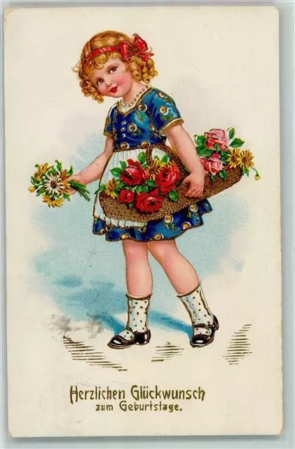 39166051 - Kind Maedchen Korb mit Rosen Golddruck AK Geburtstag 1925