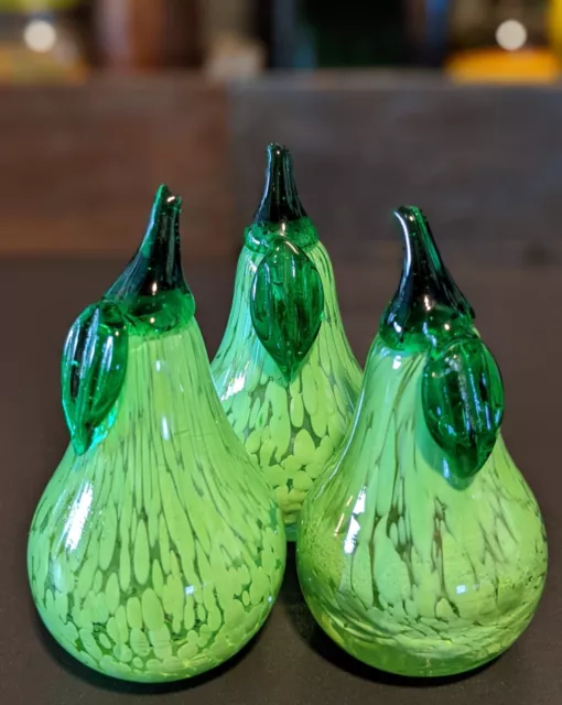 Set of 3 Vintage Glass Green Pears Fruit Made in Sweden