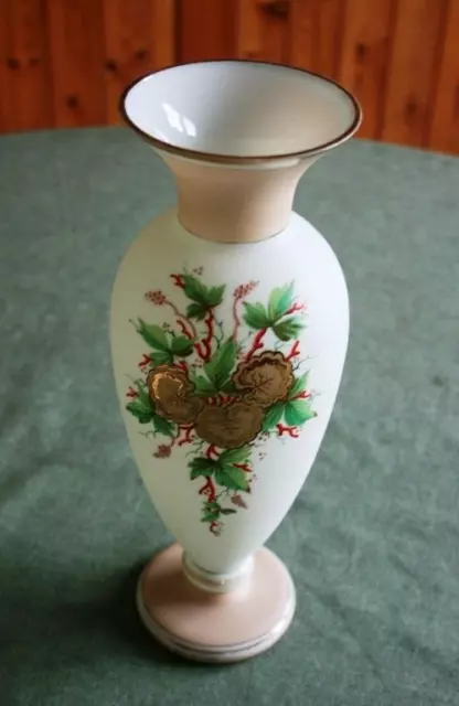 Beautiful Antique Opaline Milk Glass Vase. Painted and Gilded. Salmon & White