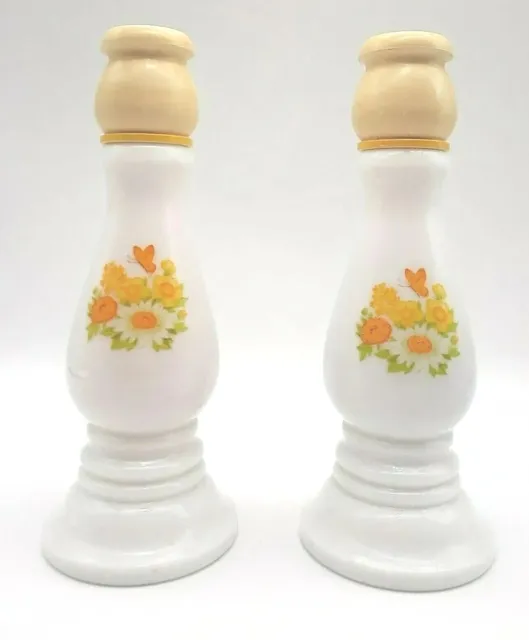 Avon 1974 Buttercup Milk Glass Candlesticks Decanter w Cologne Moonwind Set of 2