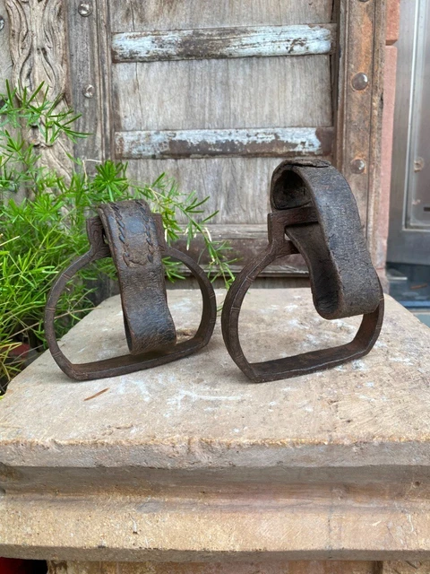 Vintage Hand Forged Pair of Iron Horse Saddle Stirrups Leather Straps Attached