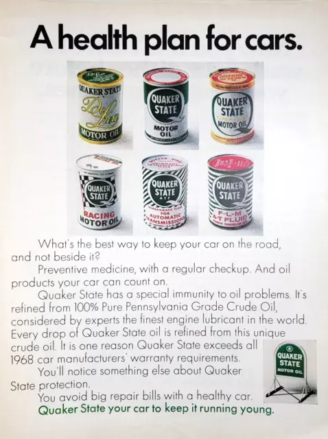 PRINT AD 1968 Quaker State Motor Oil Health Plan Cars Pennsylvania 10.5x13