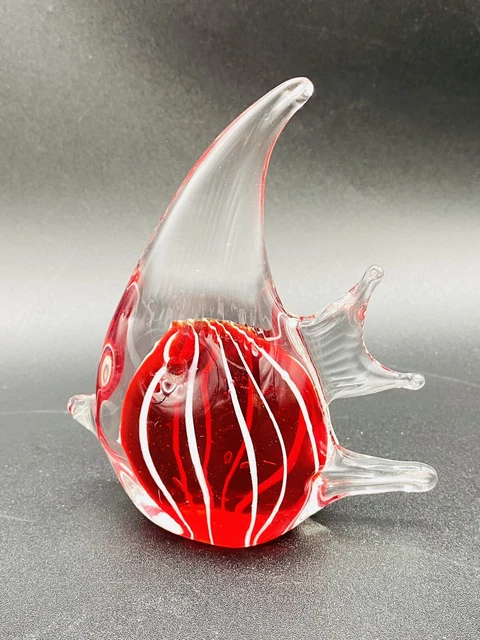 Glass Fish Figurine Art Red White Stripes Tropical Paperweight Murano Style