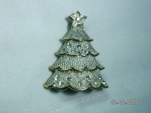 Firmato A S Color Oro, Color Argento, Cristalli Albero di Natale Spilla