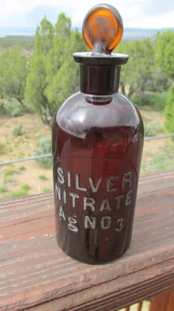 1890's Dark Amber Silver Nitrate Assayers Reagent Bottle & Glass Stopper
