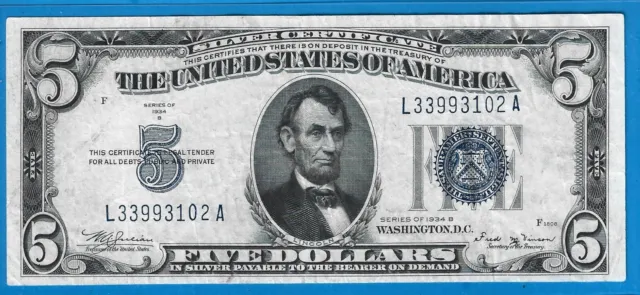 1934 B $5 Silver Certificate,*Rare* Vinson Note,Blue Seal,Circ CH Crisp VF,Nice!