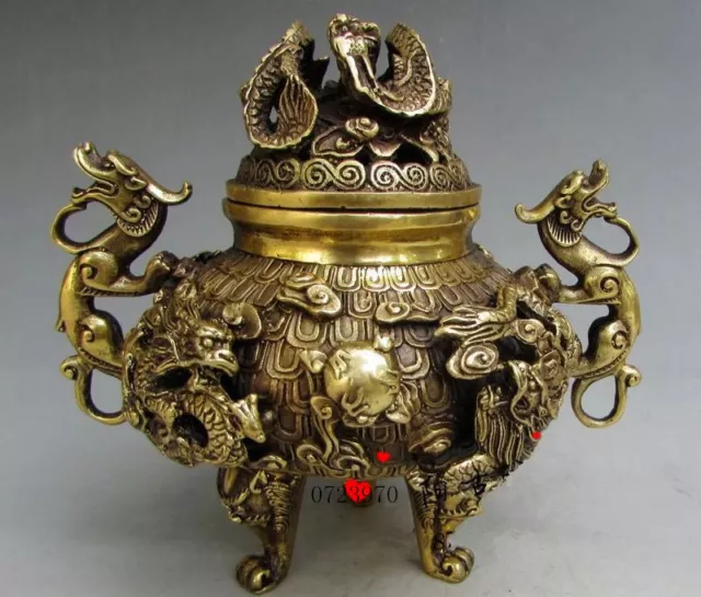 Chinese Fengshui Antique Brass Nine Dragons Incense Burner Statue Qianlong Mark