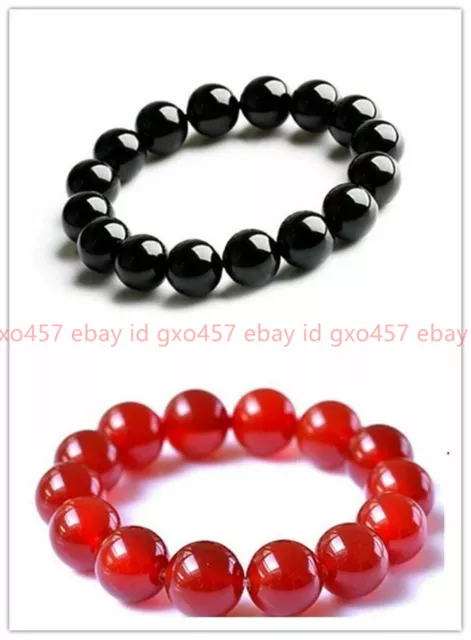 8/10/12/14mm Natural Red Jade Black Agate Round Gemstone Bangle Bracelets 7.5''