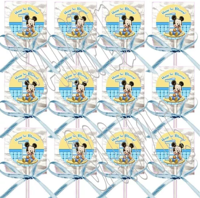 Mickey Mouse 1st Bday Lollipops Party Favors w/ Baby Blue Satin Ribbon Bows - 12