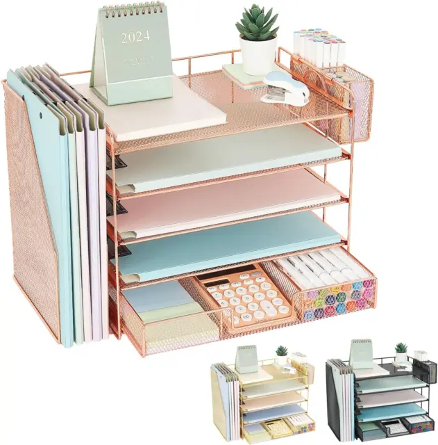 5 Tier Paper Letter Tray Organizer with Mesh File Holder, Desk Accessories & Wor