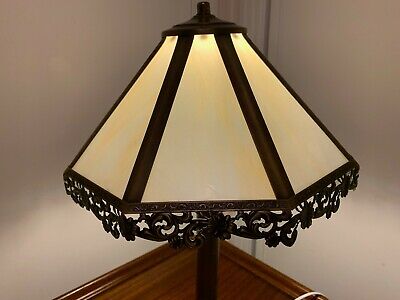 Superb 20"x12" Art Nouveau Tiffany Style Table Lamp w. Slag Glass&Brass Filigree