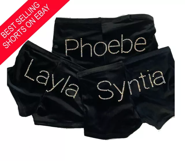 Gymnastics / Dance Wear Shorts PERSONALISED name Black velvet SILVER rhinestone